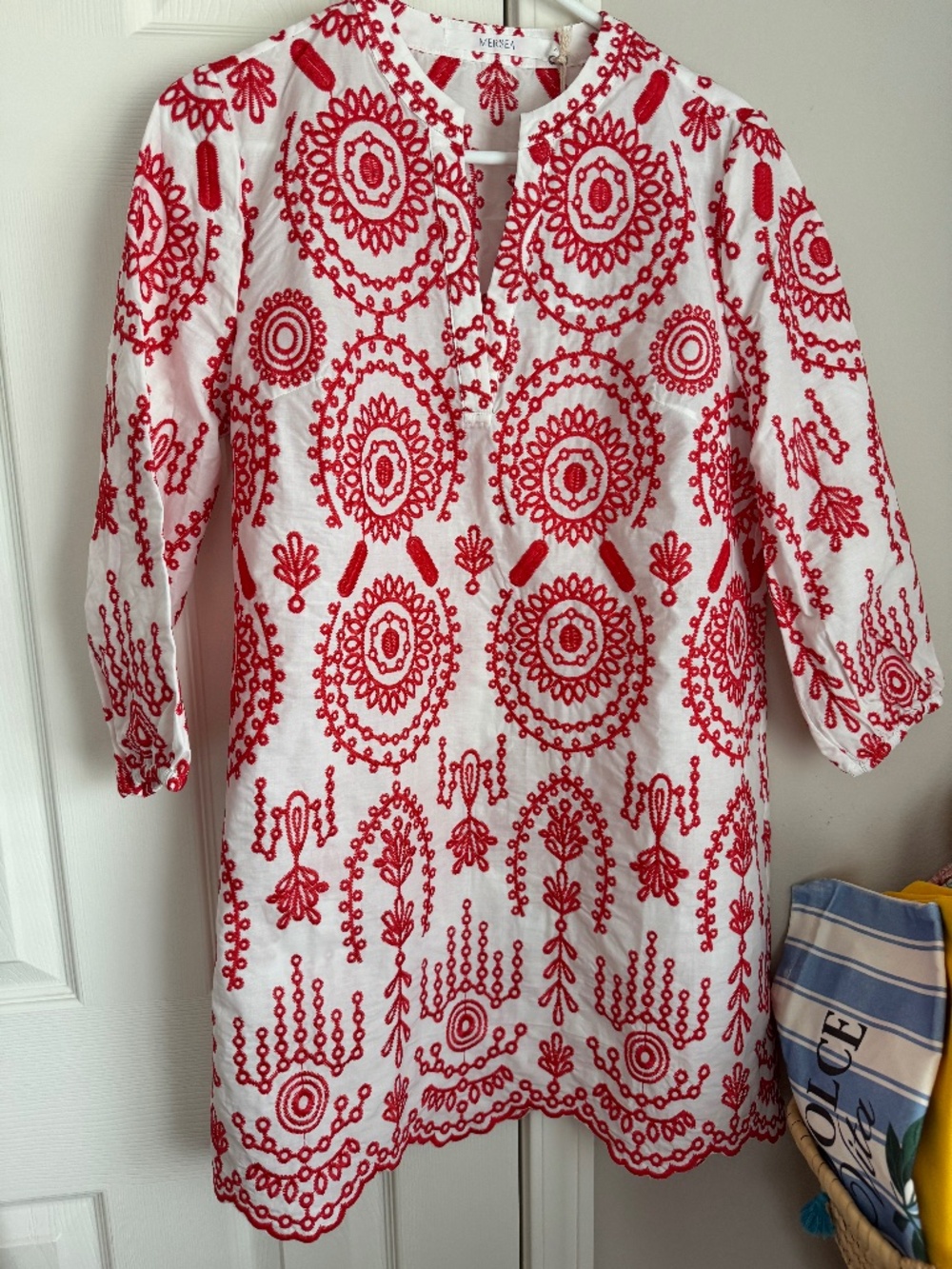 White Dress with Red Embroidered Pattern